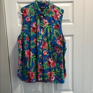 Lands' End Blue Floral Sleeveless Blouse
